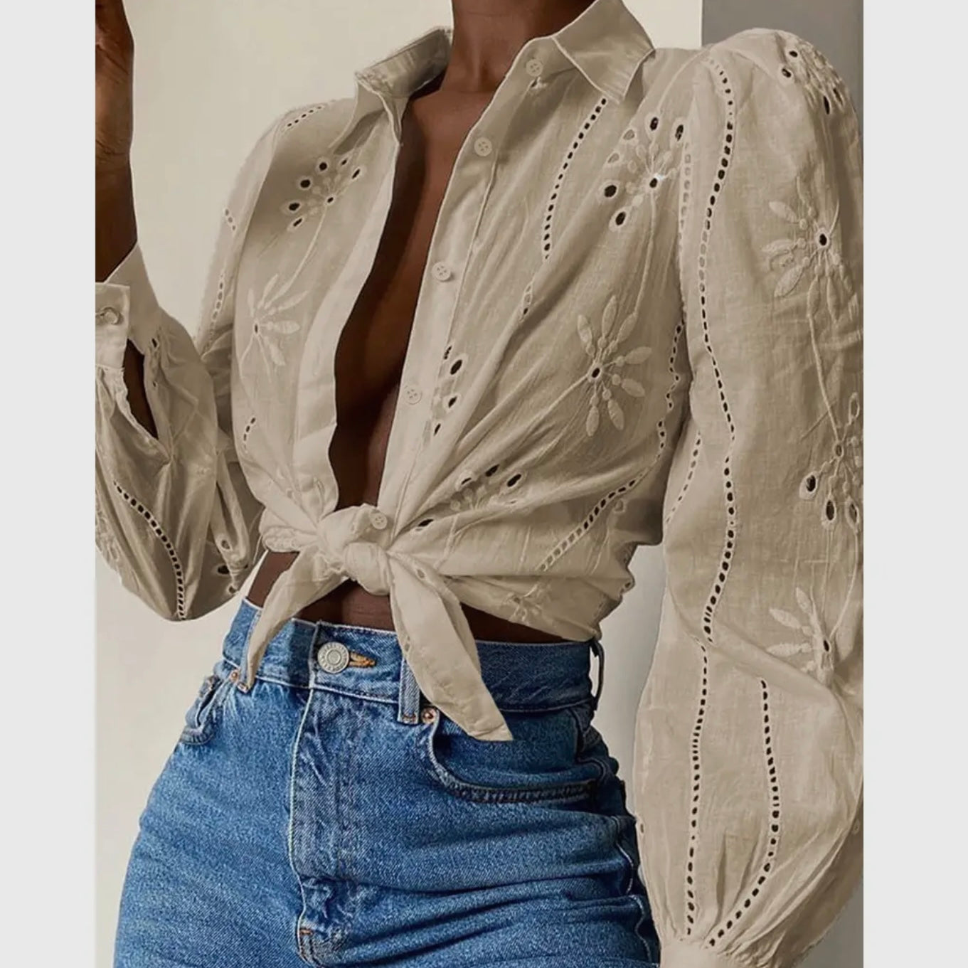 Hallow Out Solid Button Puff Sleeve Blouse