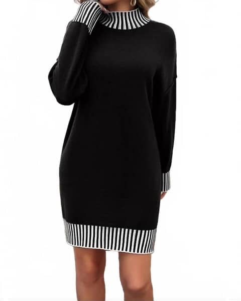 Turtle Mock Neck Black Knit Dress