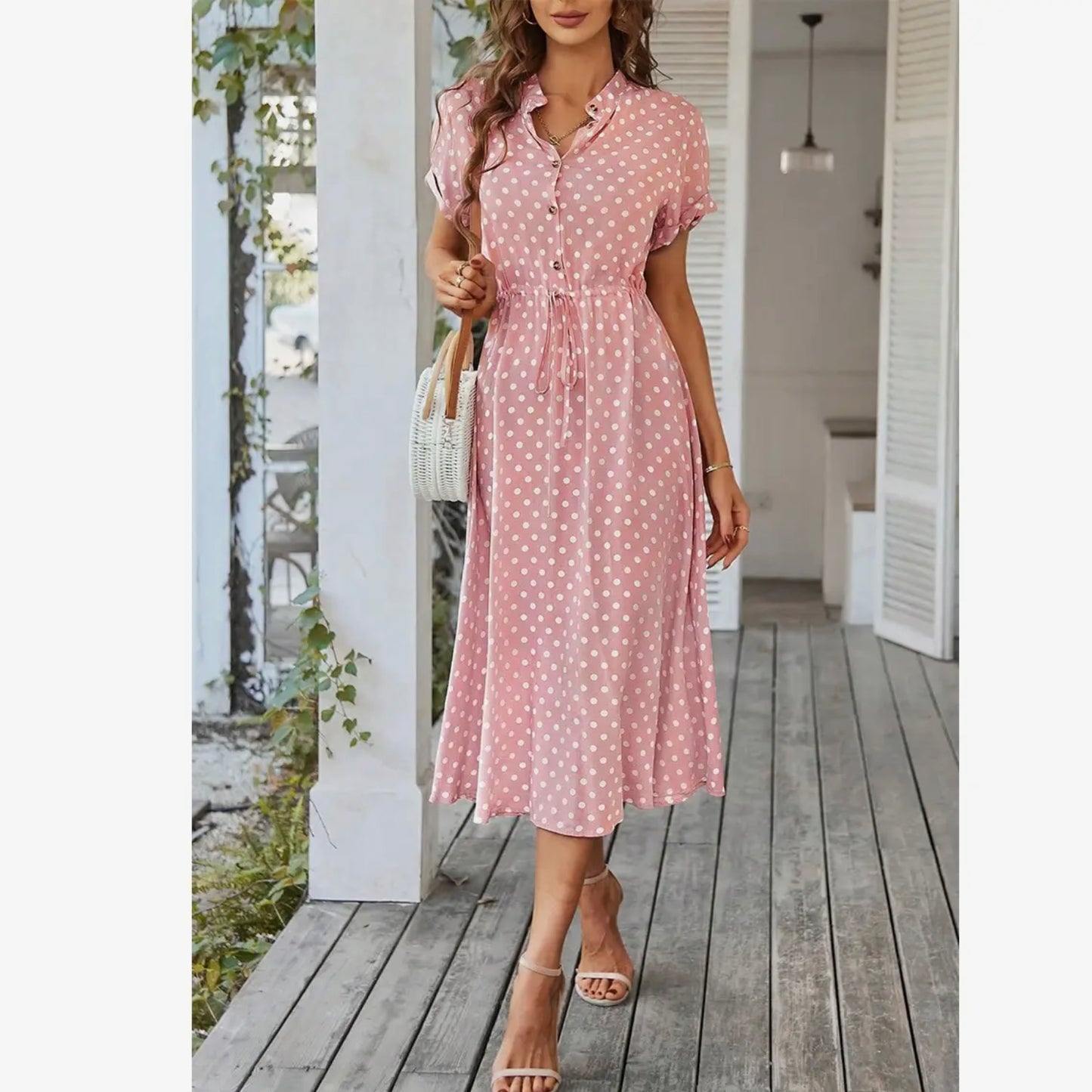 Polka Dot V Neck Long Dress Pink