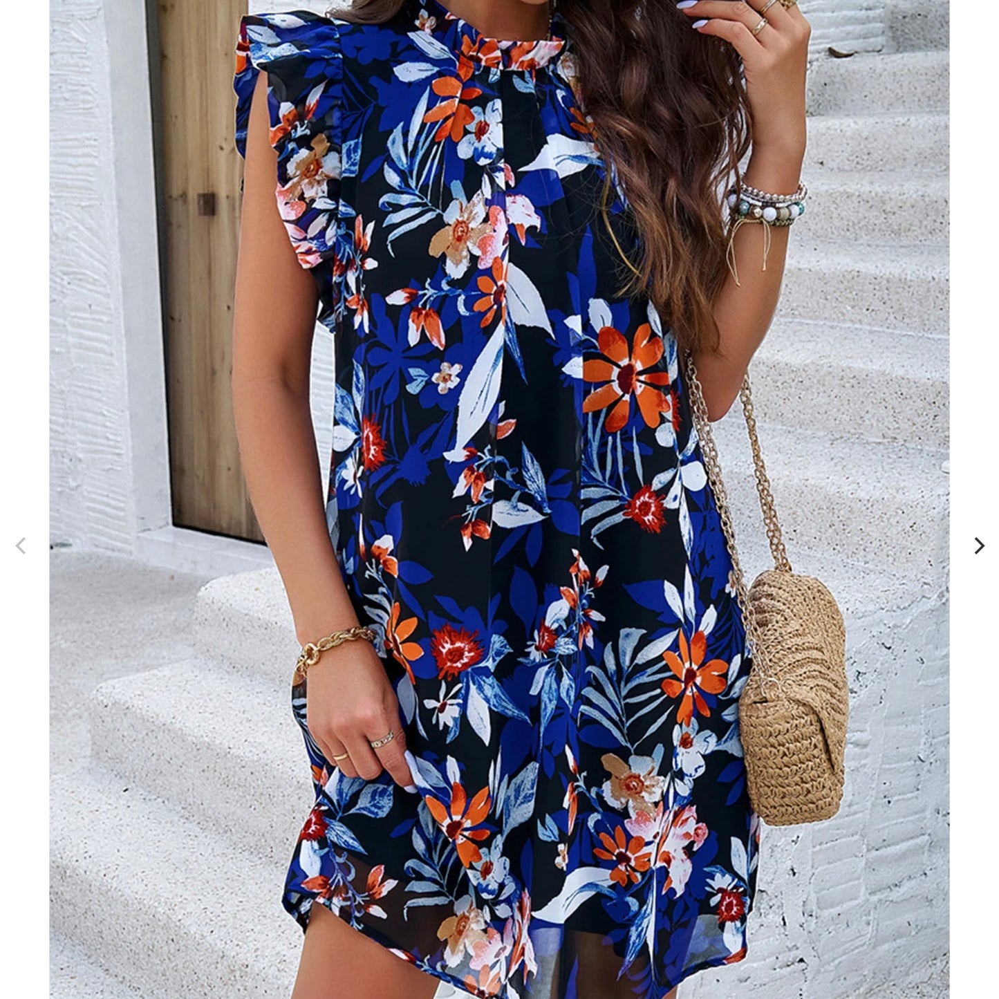 Floral Print Ruffle A Line Dress Blue
