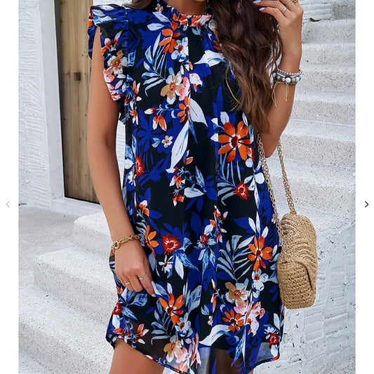Floral Print Ruffle A Line Dress Blue