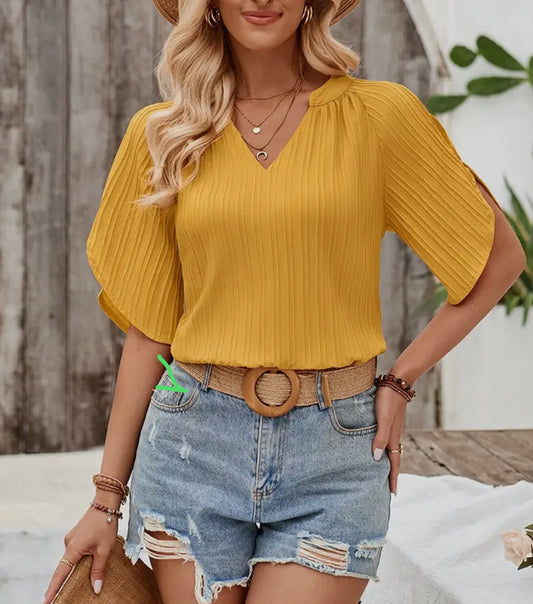 Plain V Neck Loose Fit Short Sleeve Blouse Yellow