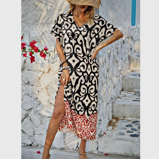 Print V Neck Loose Dress
