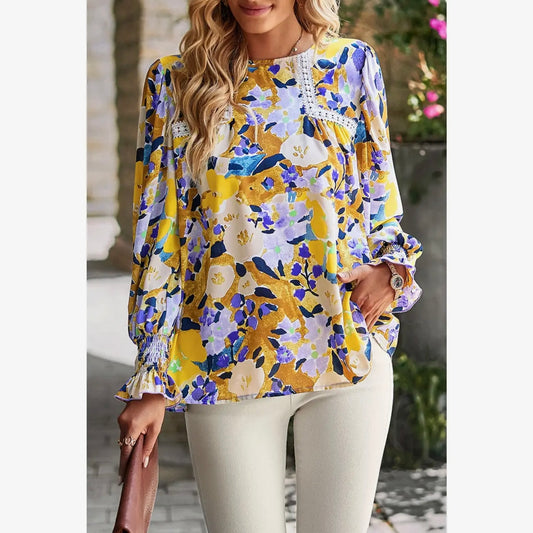 Floral Contrast Lace Trim Top Yellow