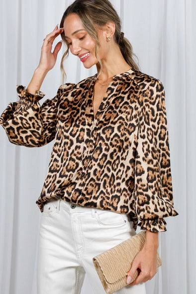 *PREORDER* Henley Neckline Smocking Detail Leopard Print Blouse