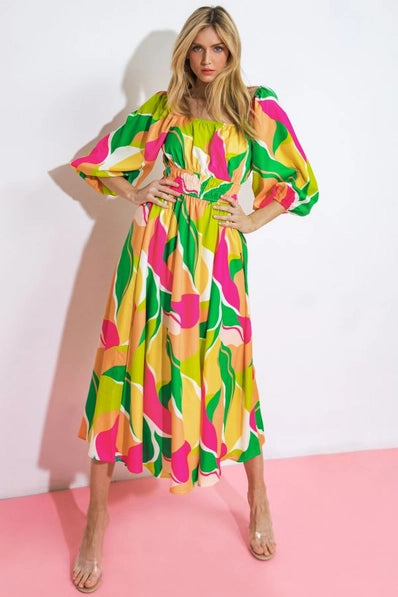 A printed woven midi dress - ID20716 - YELLOW GREEN