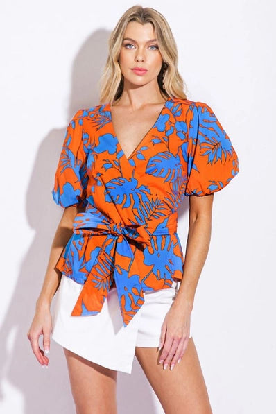 The Nora ORANGE BLUE Leaf Blouse -IT13089-