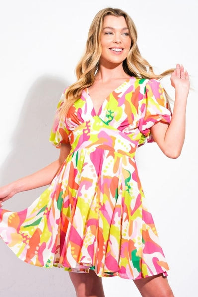 The Everly GREEN PINK Printed Dress -ID21147-