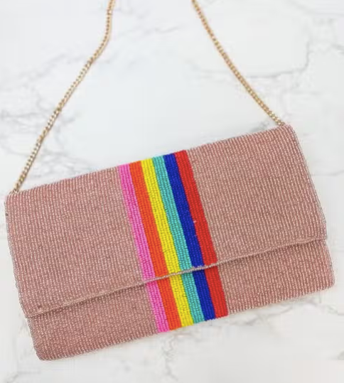 Rainbow Stripe Crossbody Chain Clutch - Pink