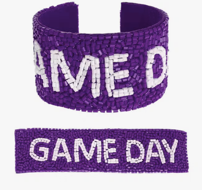 GAME DAY BEADED SNAP  BRACELET - PURPLE WHITE