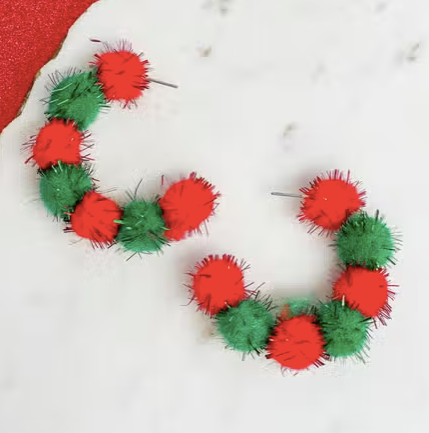 Christmas Metallic Pom Pom Hoop Earrings