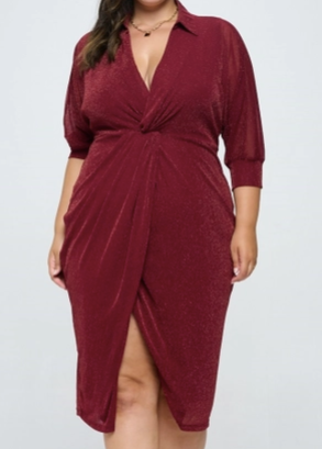 8028D-MTD Plus size wrap dress - WINE(Size 3X Left)