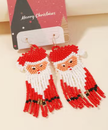 Beaded Santa Fringe Christmas Drop Earrings - RED