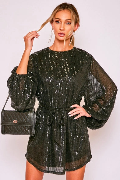 Round Neck Balloon Sleeve Sequin Mini Dress VD31790 - BLACK S