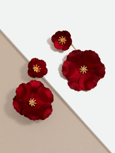 ZENZII Jewelry - Metallic drop earring featuring 3D flowers - Red