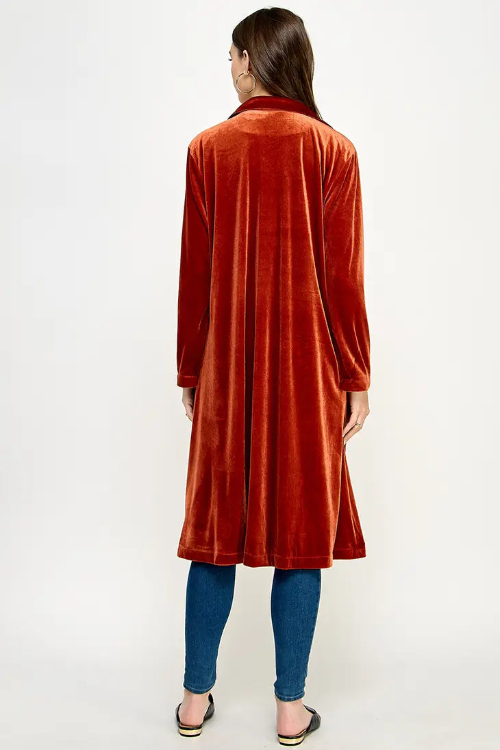 KJ-1437-6 LONG SLEEVE VELVET DUSTER RUST - L