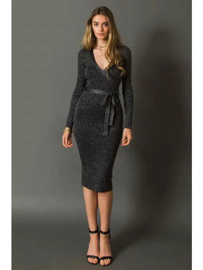 A metallic thread ribbed sweater knit midi dress - ISW5020 - S / BLACK MATARLIC