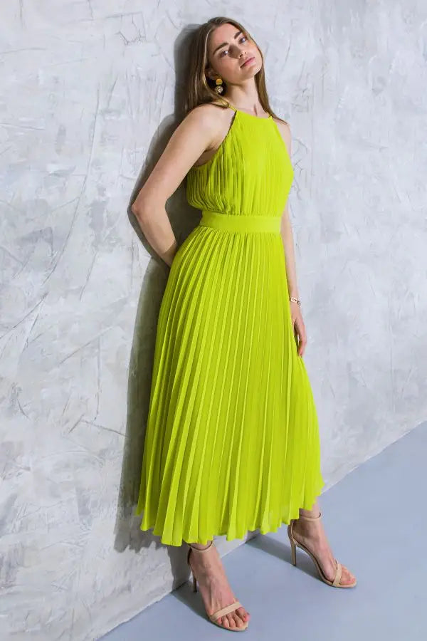 ID20021 - A solid woven fully pleated midi dress / LIME(Size S Left)