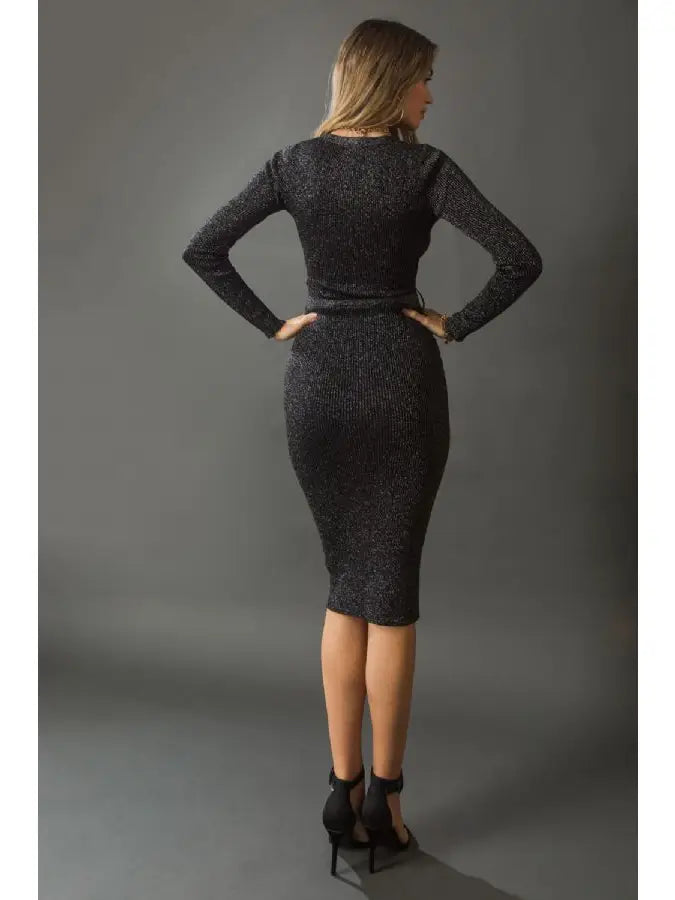 A metallic thread ribbed sweater knit midi dress - ISW5020 - S / BLACK MATARLIC