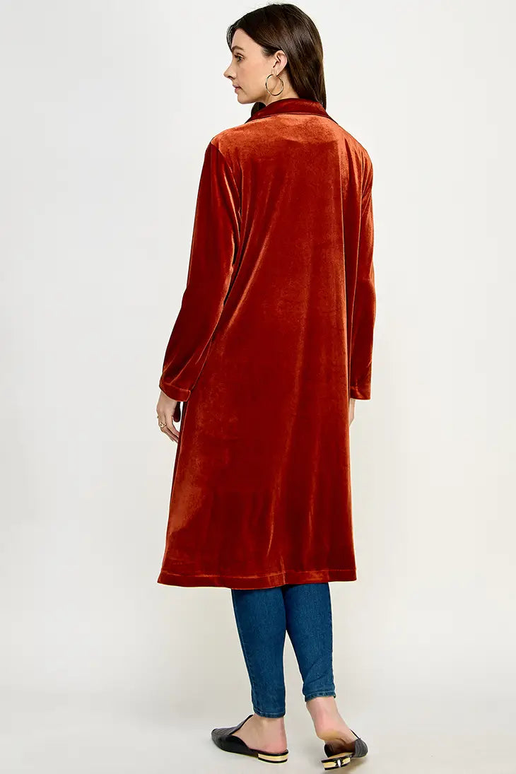 KJ-1437-6 LONG SLEEVE VELVET DUSTER RUST - L