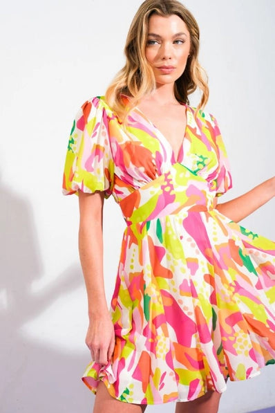 The Everly GREEN PINK Printed Dress -ID21147-