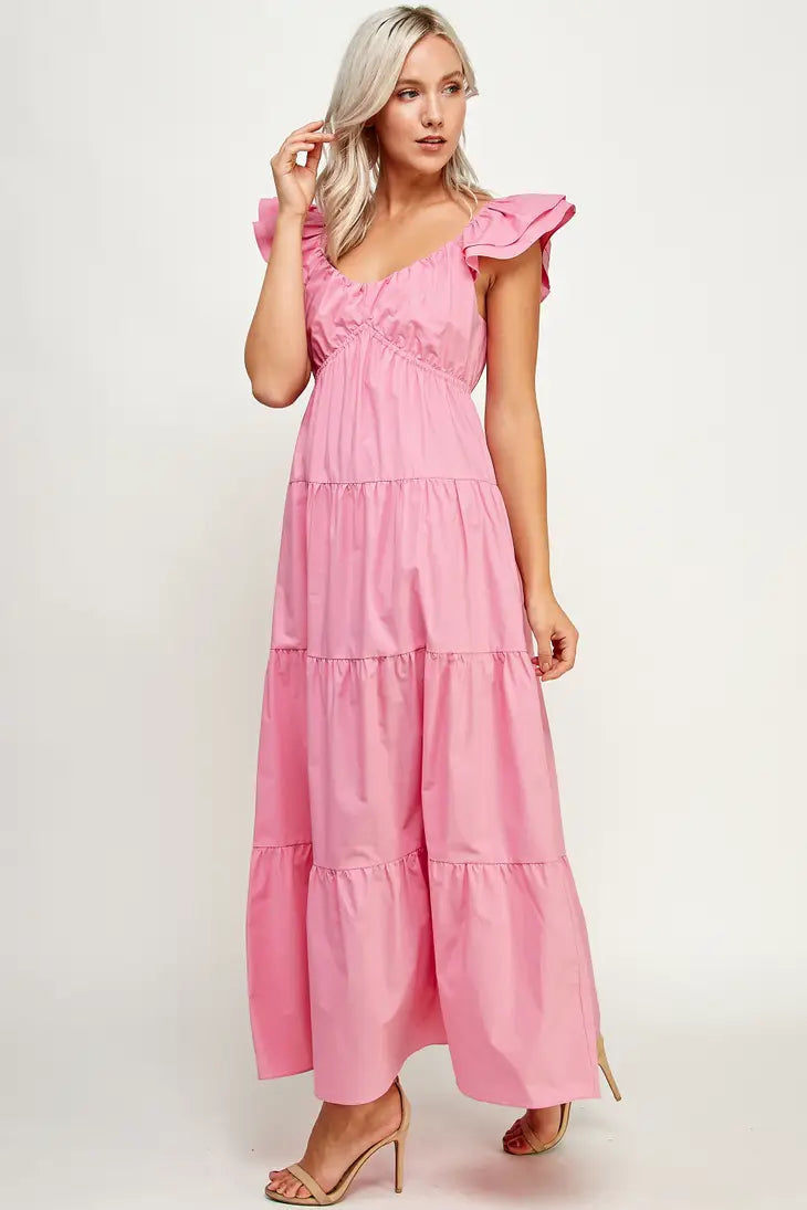 TD-9537-6 V-NECK TIERED MAXI DRESS PINK - L