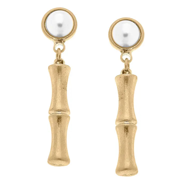 Everleigh Bamboo Pearl Stud Drop Earrings in Worn Gold