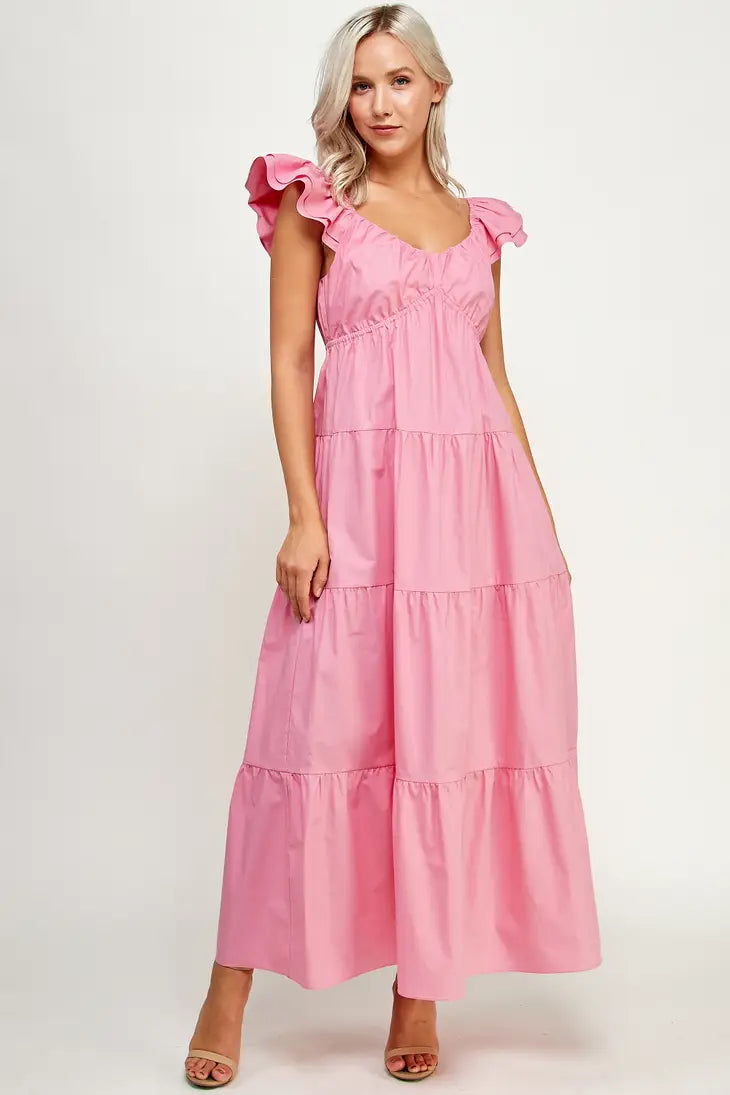 TD-9537-6 V-NECK TIERED MAXI DRESS PINK - L