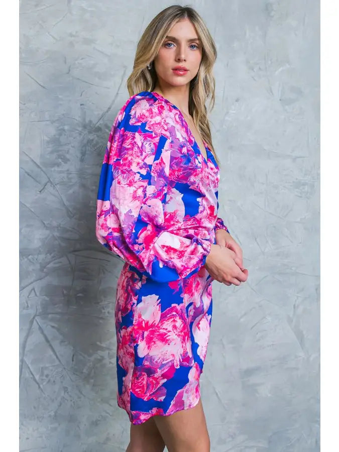 A printed satin mini dres - ID20342 BLUE FUCHSIA