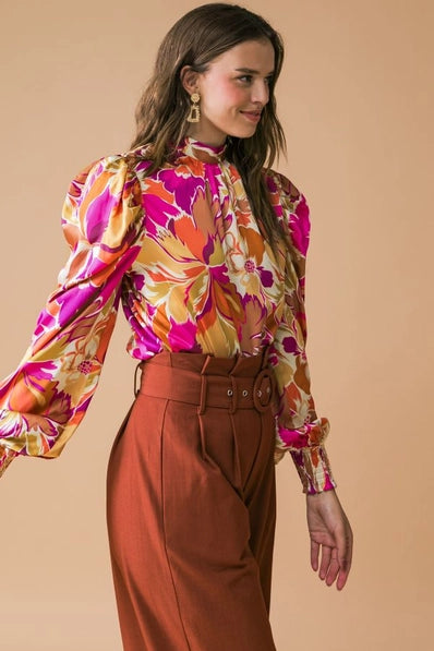 A printed woven top - IT12727 - MUSTARD BROWN / Contemporary(Size S Left)