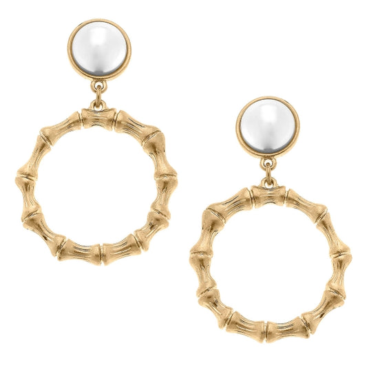 Kaia Pearl Stud Bamboo Drop Hoop Earrings in Worn Gold