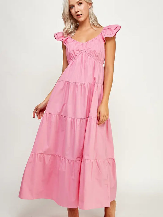 TD-9537-6 V-NECK TIERED MAXI DRESS PINK - L