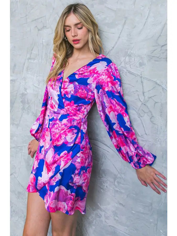 A printed satin mini dres - ID20342 BLUE FUCHSIA