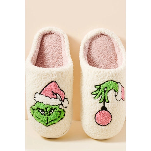 Christmas Green Monster Fuzzy Fleece Soft Slipper  - IVORY ONE