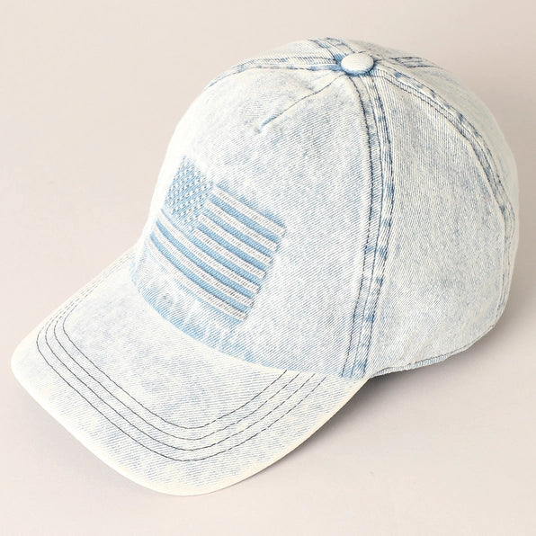 Embossed American Flag Denim Baseball Cap - ONE SIZE / LT BLUE