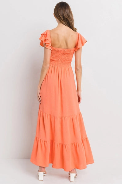 Solid Flared Sleeve Long Tiered Dress / DC50898SA  CORAL ( Last Size S)