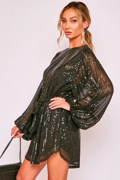 Round Neck Balloon Sleeve Sequin Mini Dress VD31790 - BLACK S