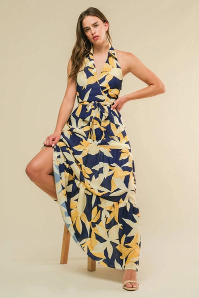 The Adeline NAVY/YELLOW Flower Dress -ID21314-