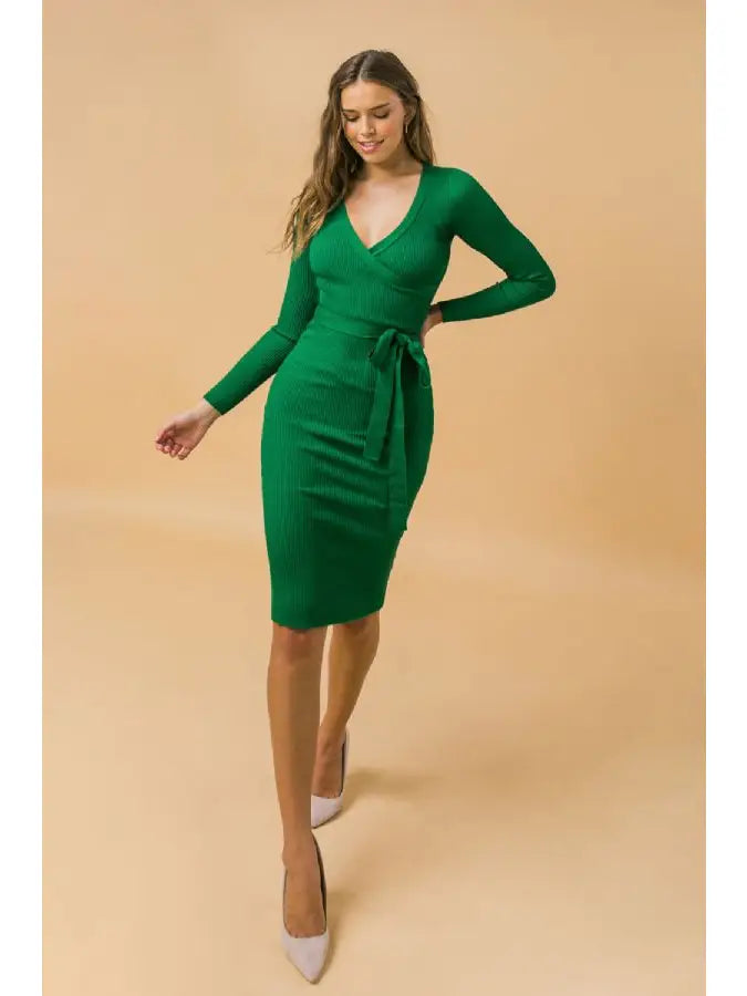 A solid ribbed sweater dress - JSW2626 - L / GREEN