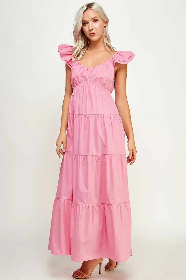 TD-9537-6 V-NECK TIERED MAXI DRESS PINK - L