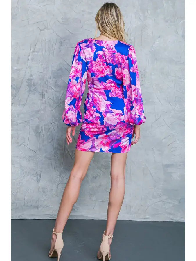 A printed satin mini dres - ID20342 BLUE FUCHSIA