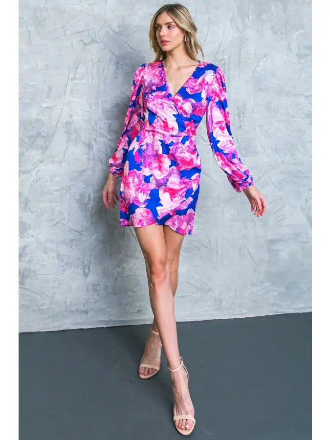 A printed satin mini dres - ID20342 BLUE FUCHSIA