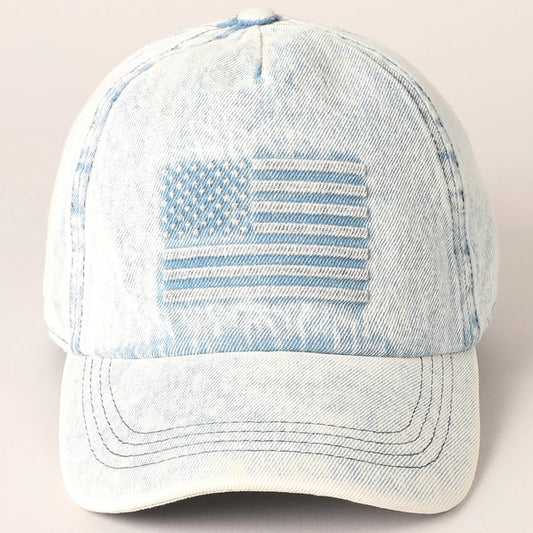 Embossed American Flag Denim Baseball Cap - ONE SIZE / LT BLUE