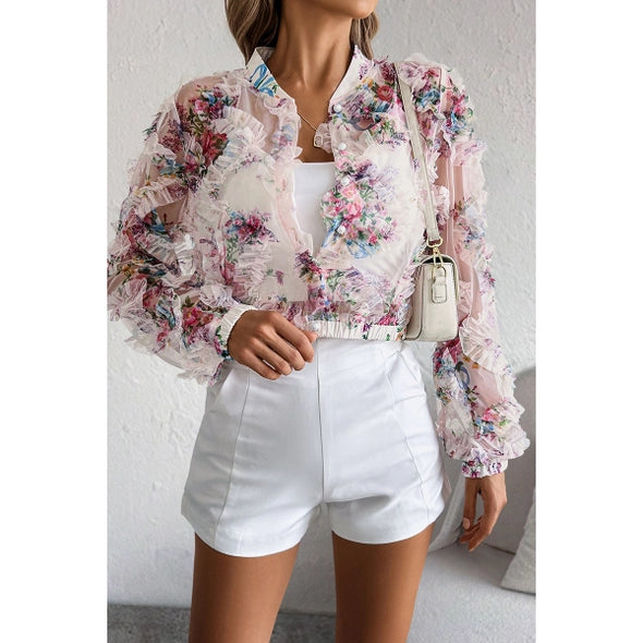 Floral Print Lace Ruffle Open Front Button Top