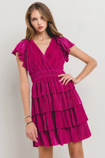 Pleated Ruffle Mini Dress / DIC51594 - MAGENTA