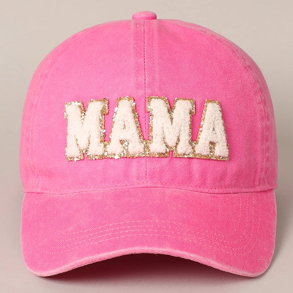 MAMA Chenille Letter Patch Cotton Baseball Cap - One Size / HOT PINK