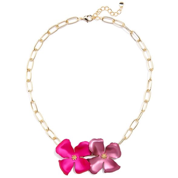 ZENZII Jewelry - Metallic Hand Painted Flower Chain Collar Necklace - Hot Pink