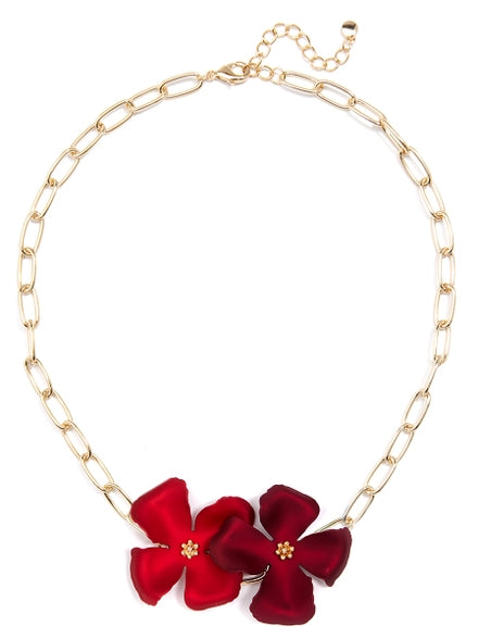 ZENZII Jewelry - Metallic Hand Painted Flower Chain Collar Necklace - Metallic Red