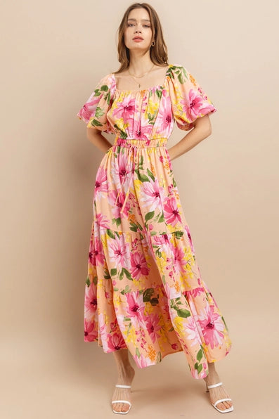 DU52320PA / Floral Print Balloon Sleeve Maxi Dress / PEACH