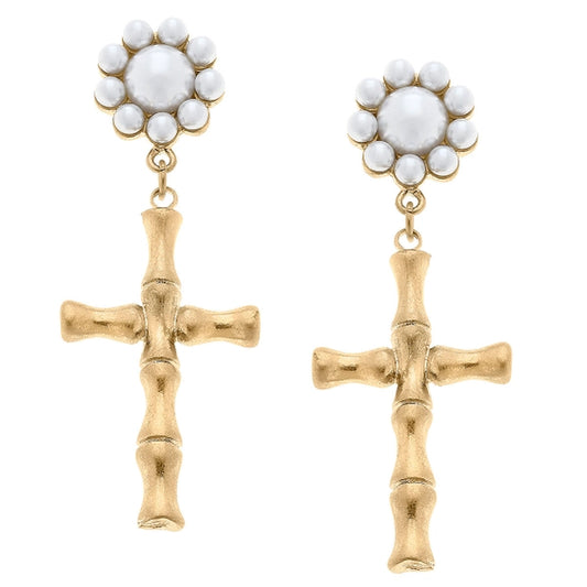 Estella Bamboo Cross with Pearl Cluster Earrings in Worn Gol